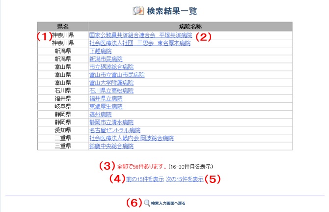 研修病院検索結果一覧画面